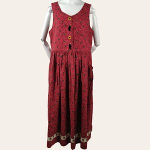 Vintage 1990s Crow Sunflower Jumper Dress Red Ceramic Buttons Cottage Core M